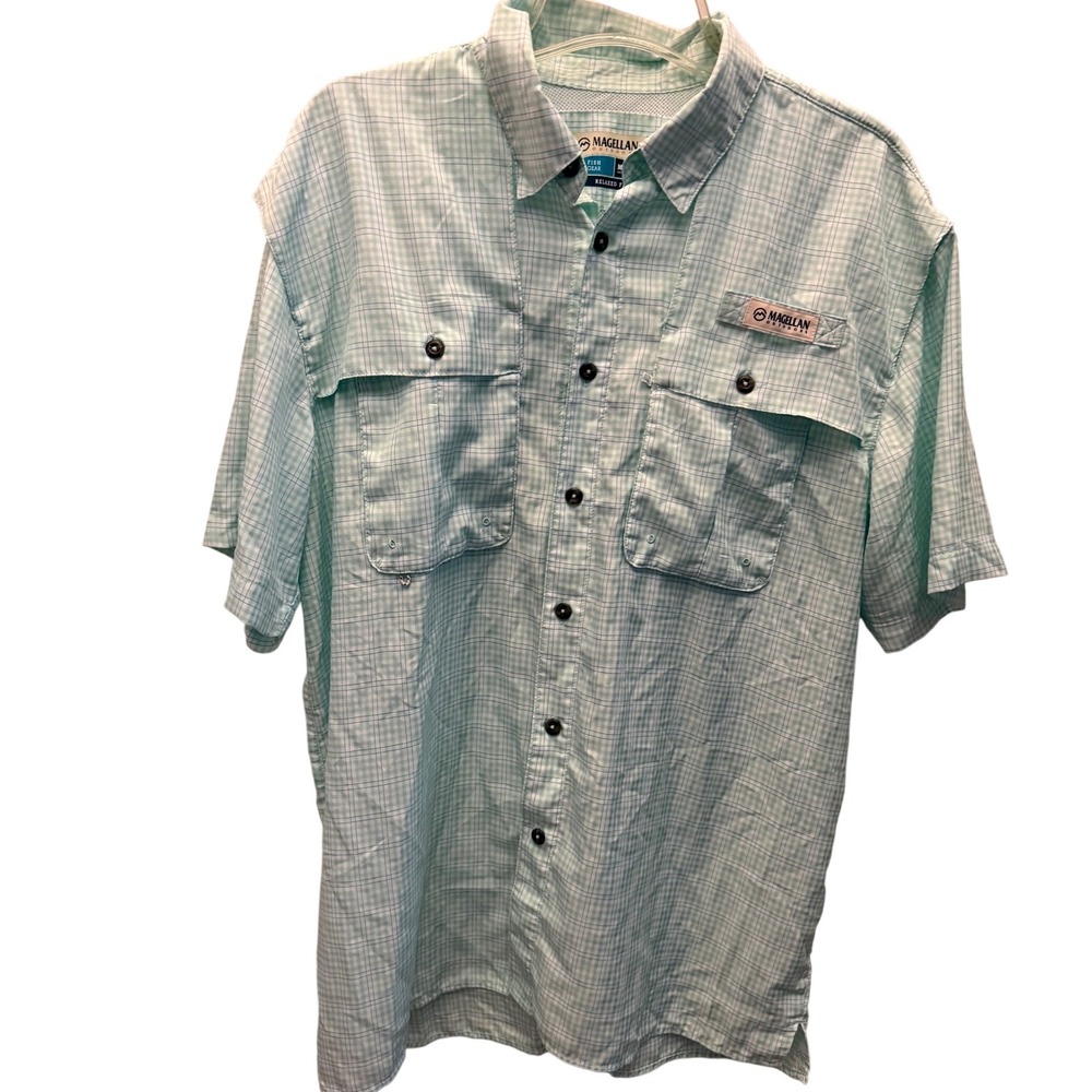 Magellan Outdoors Aransas Pass Fish Gear Shirt Mens Medium Mint Green Plaid SS
